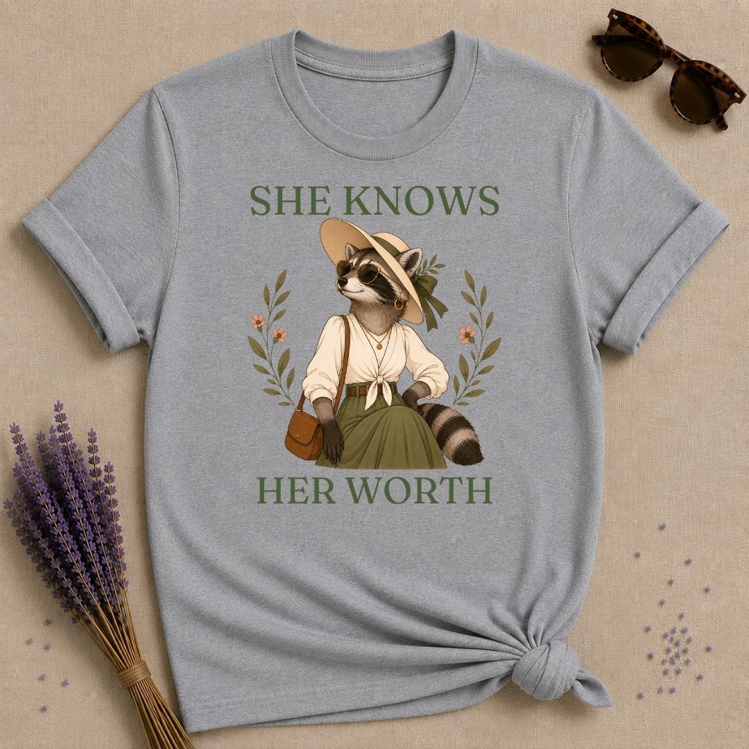 Raccoon She Knows Her Worth T-Shirt - Sport Grey
