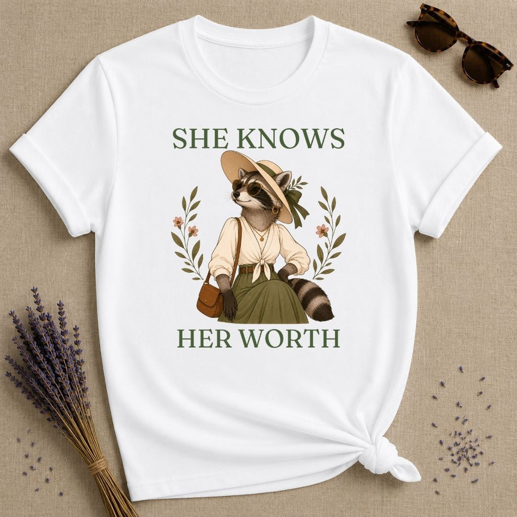 Raccoon She Knows Her Worth T-Shirt - White