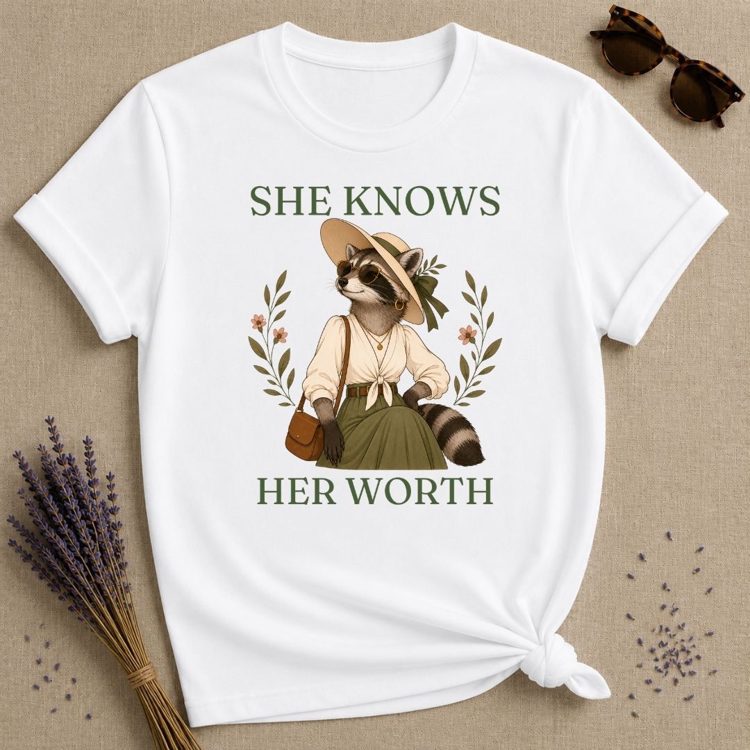 Raccoon She Knows Her Worth T-Shirt - White