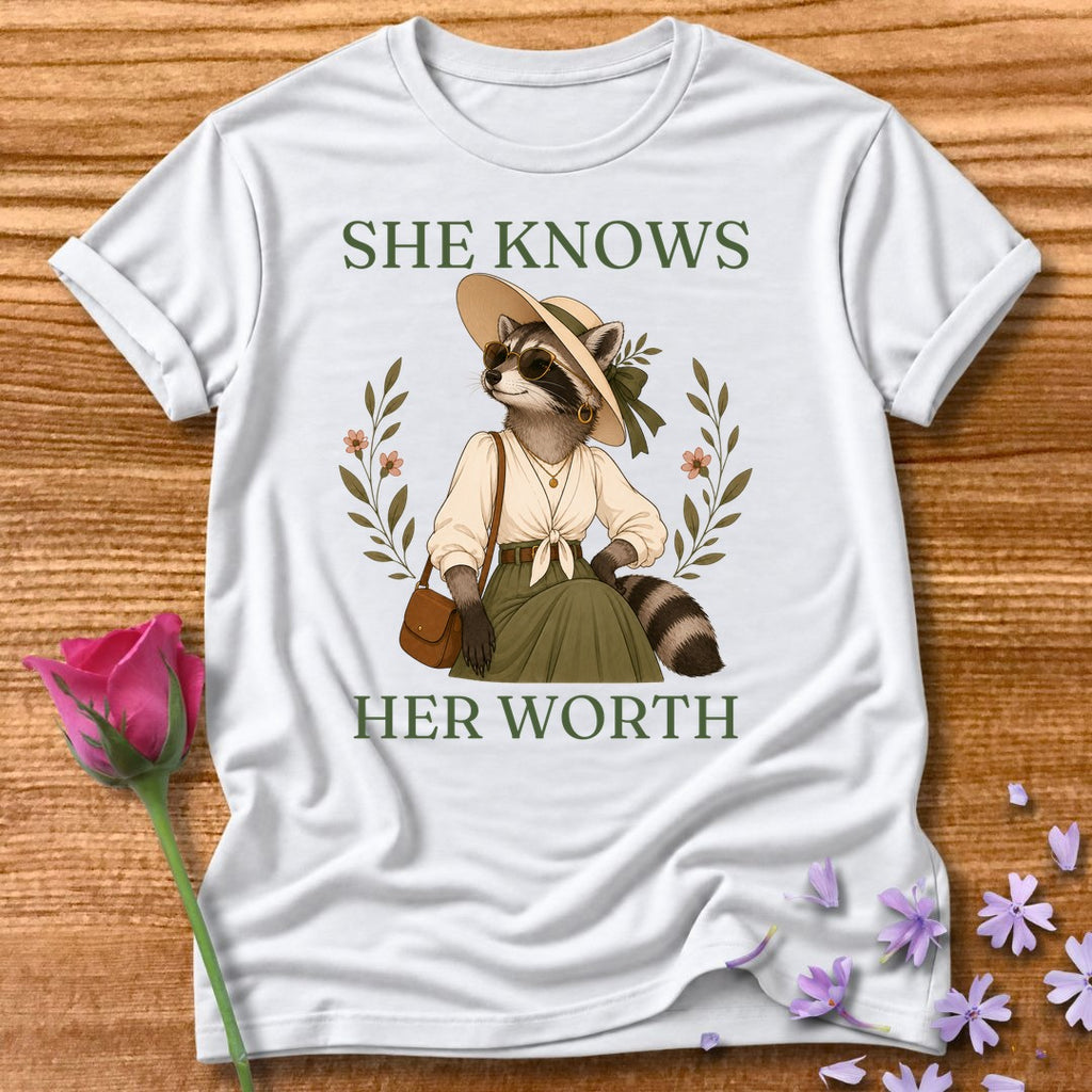 Raccoon — She Knows Her Worth Vintage Aesthetic Animal in White
