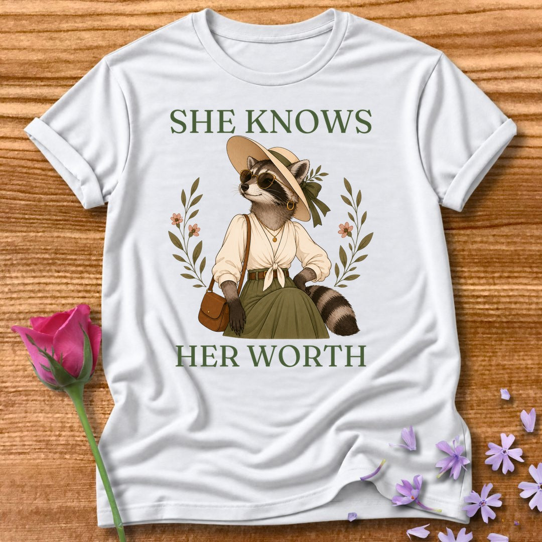 Raccoon — She Knows Her Worth Vintage Aesthetic Animal in White