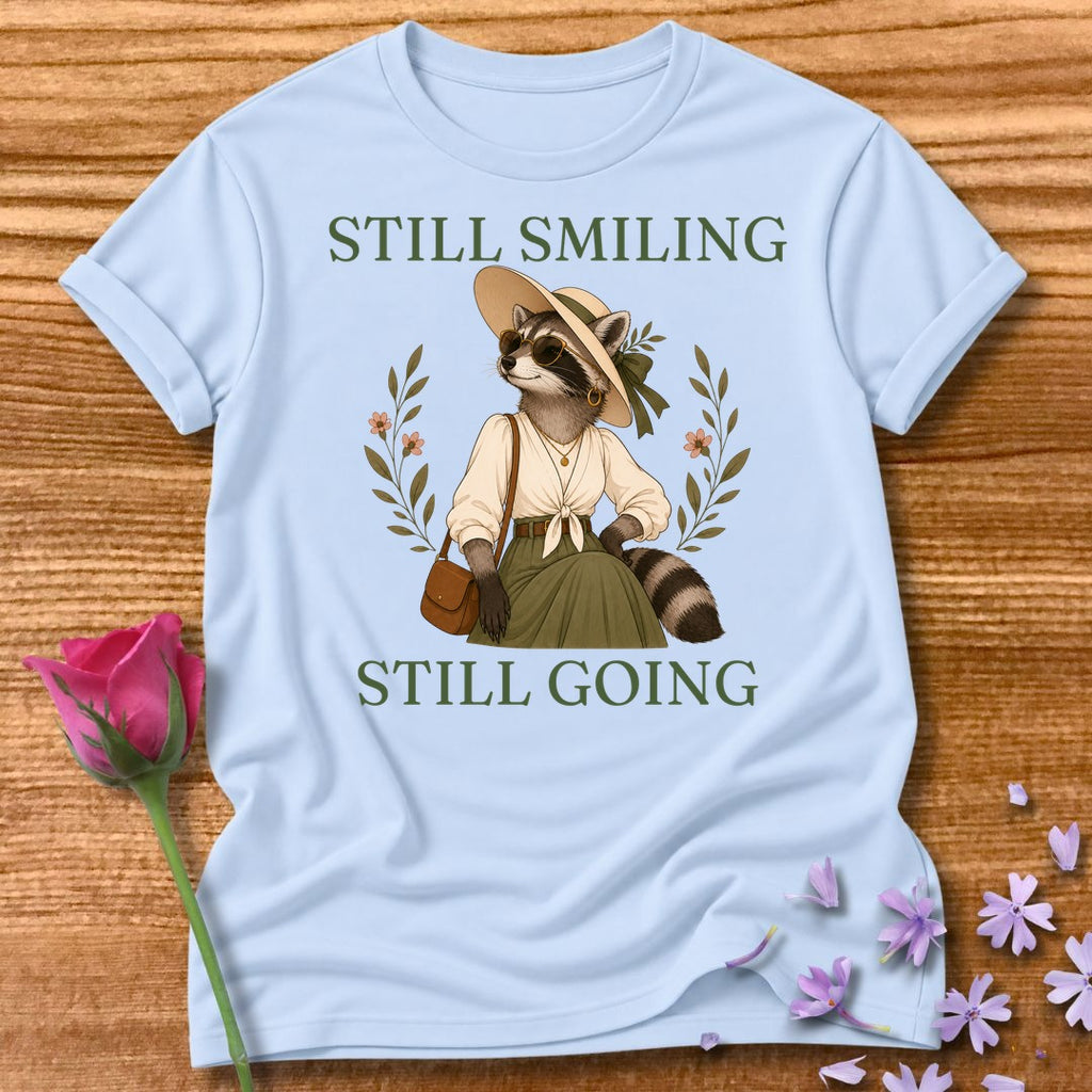Raccoon — Still Smiling Still Going Vintage Aesthetic Animal in Light Blue