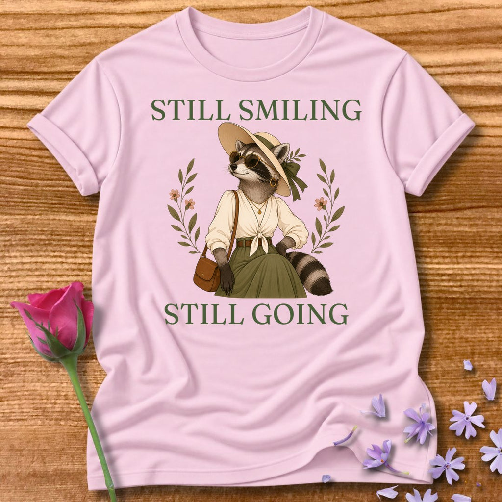 Raccoon — Still Smiling Still Going Vintage Aesthetic Animal in Light Pink
