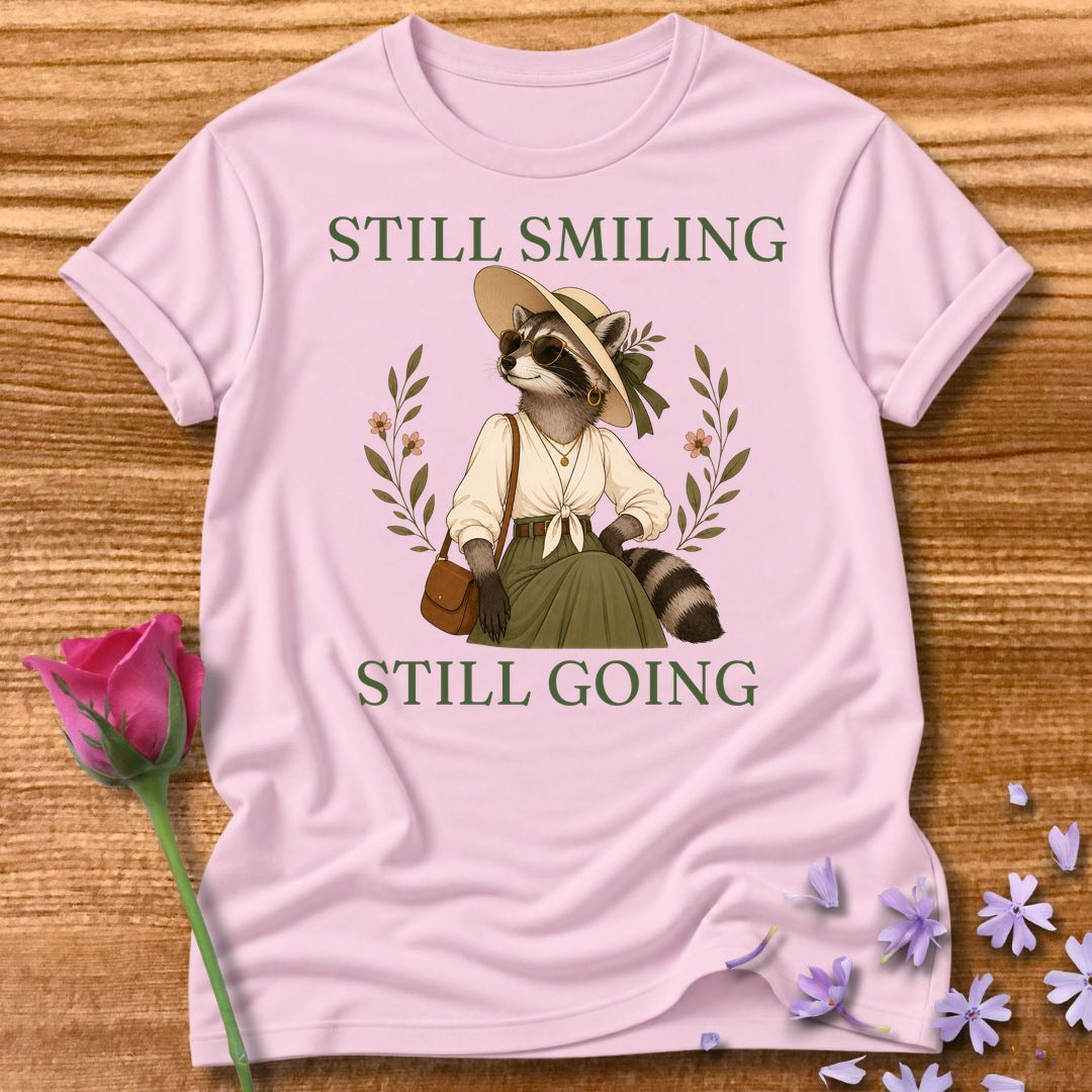 Raccoon — Still Smiling Still Going Vintage Aesthetic Animal in Light Pink