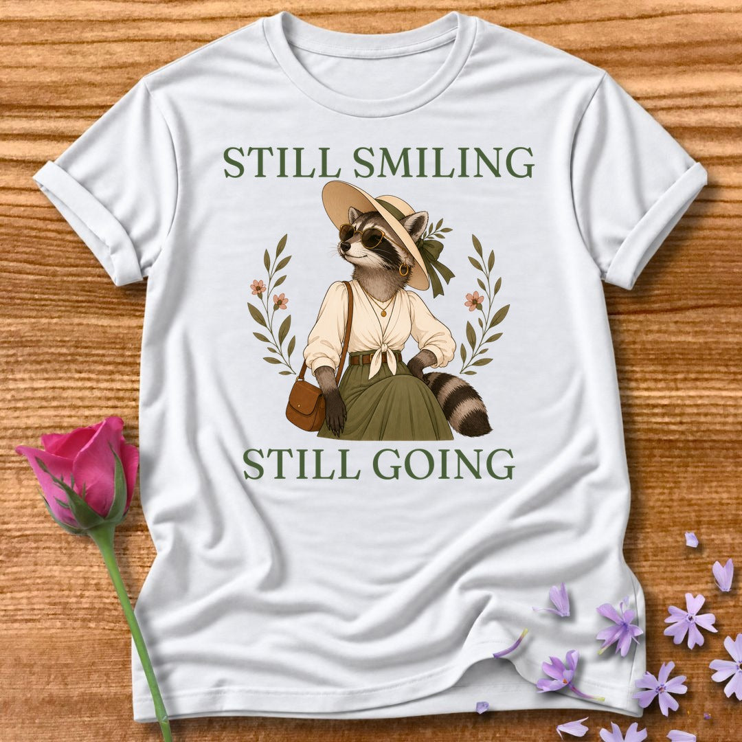 Raccoon — Still Smiling Still Going Vintage Aesthetic Animal in White