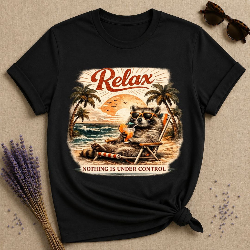 Relax, Nothing Is Under Control — Vintage Travel Poster Raccoon T-Shirt for Women in Black