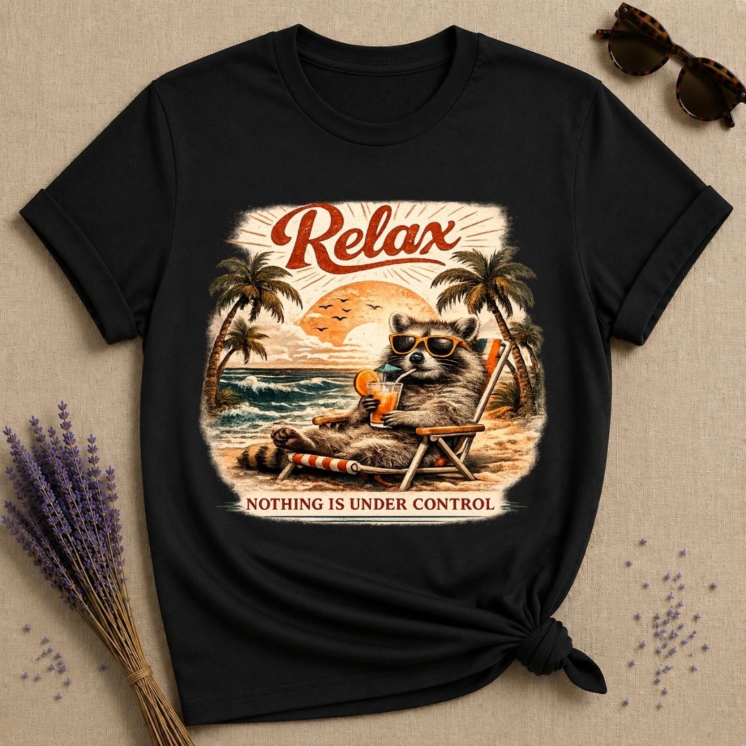Relax, Nothing Is Under Control — Vintage Travel Poster Raccoon T-Shirt for Women in Black