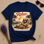 Relax, Nothing Is Under Control — Vintage Travel Poster Raccoon T-Shirt for Women in Navy