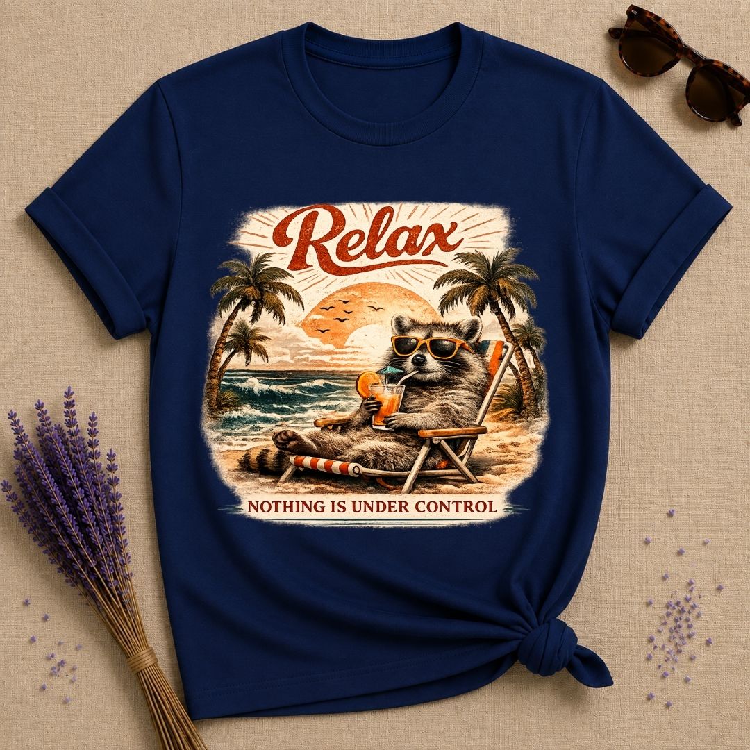 Relax, Nothing Is Under Control — Vintage Travel Poster Raccoon T-Shirt for Women in Navy
