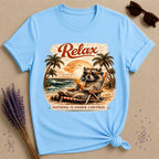 Relax, Nothing Is Under Control — Vintage Travel Poster Raccoon T-Shirt for Women in Sky