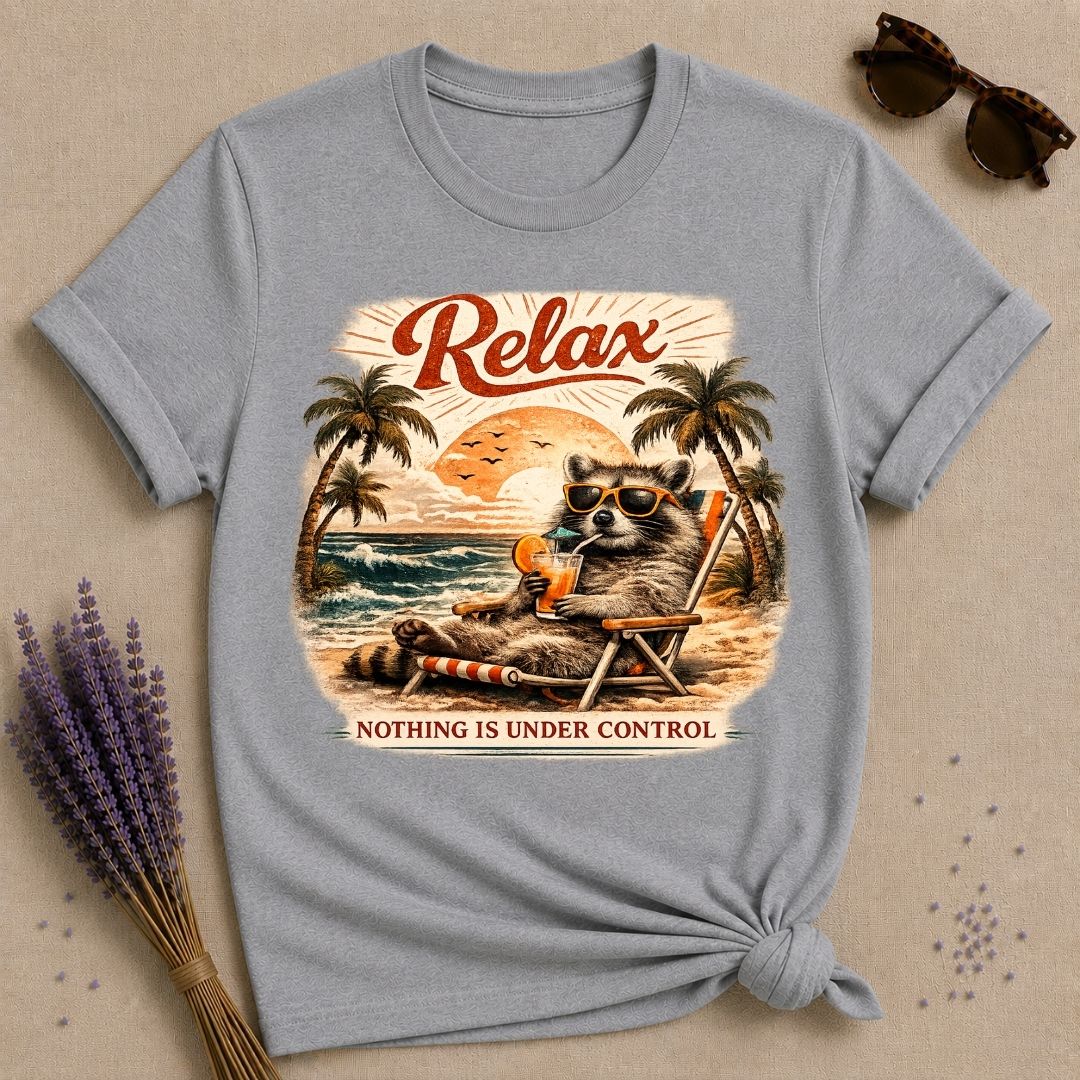 Relax, Nothing Is Under Control — Vintage Travel Poster Raccoon T-Shirt for Women in Sport Grey