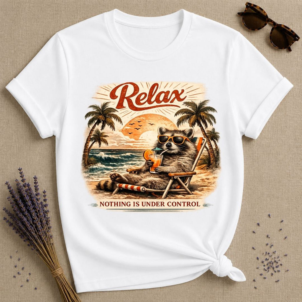 Relax, Nothing Is Under Control — Vintage Travel Poster Raccoon T-Shirt for Women in White