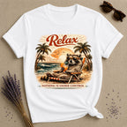 Relax, Nothing Is Under Control — Vintage Travel Poster Raccoon T-Shirt for Women in White