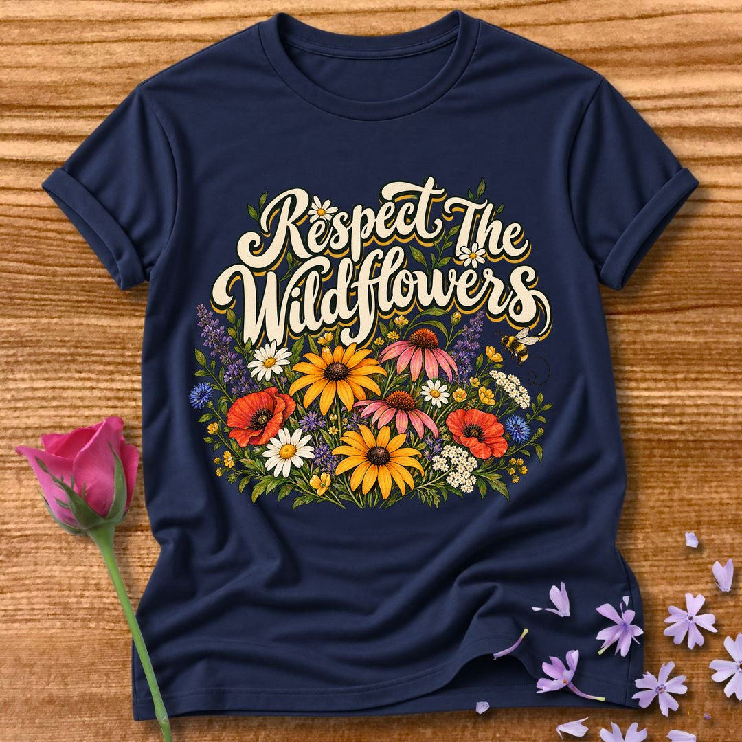 Respect The Wildflowers — Botanical Nature Lover T-Shirt for Women in Navy