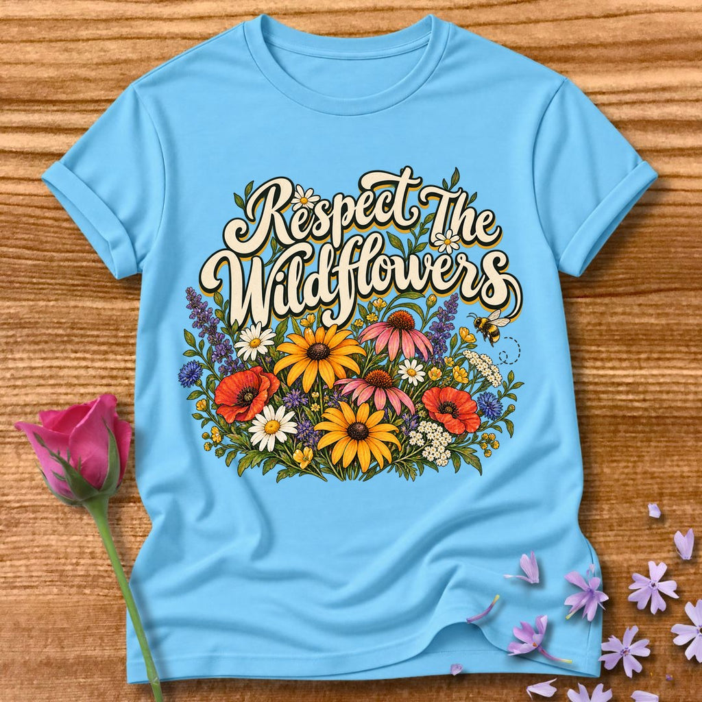 Respect The Wildflowers — Botanical Nature Lover T-Shirt for Women in Sky