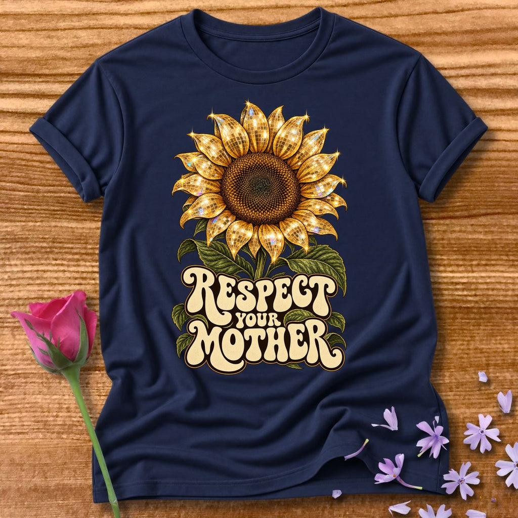 Respect Your Mother — Retro Disco Sunflower Statement T-Shirt for Women in Navy