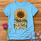 Respect Your Mother — Retro Disco Sunflower Statement T-Shirt for Women in Sky