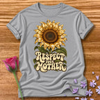 Respect Your Mother — Retro Disco Sunflower Statement T-Shirt for Women in Sport Grey