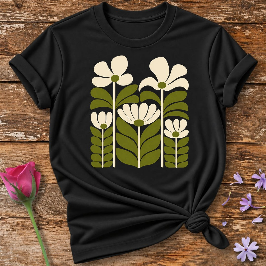 Retro Mod Daisies — Flat Botanical Graphic T-Shirt for Women in Black