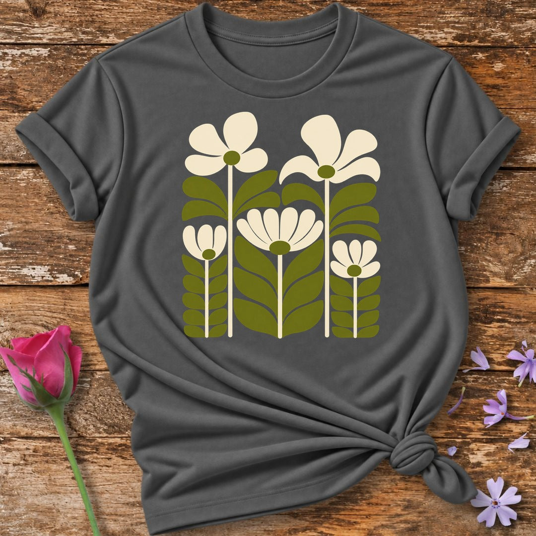 Retro Mod Daisies — Flat Botanical Graphic T-Shirt for Women in Charcoal