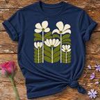 Retro Mod Daisies — Flat Botanical Graphic T-Shirt for Women in Navy