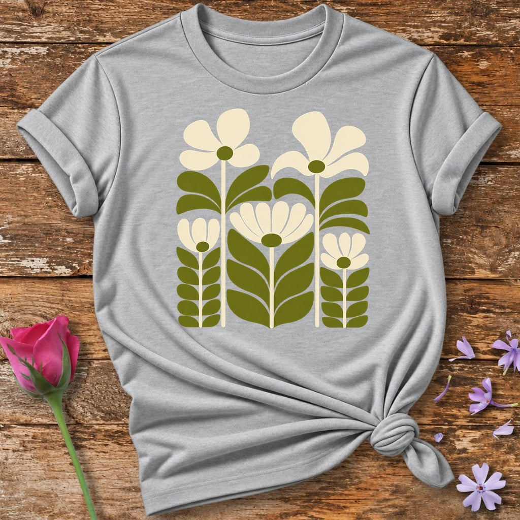 Retro Mod Daisies — Flat Botanical Graphic T-Shirt for Women in Sport Grey