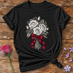 Rose Bouquet with Red Ribbon — Monochrome Botanical T-Shirt for Women in Black