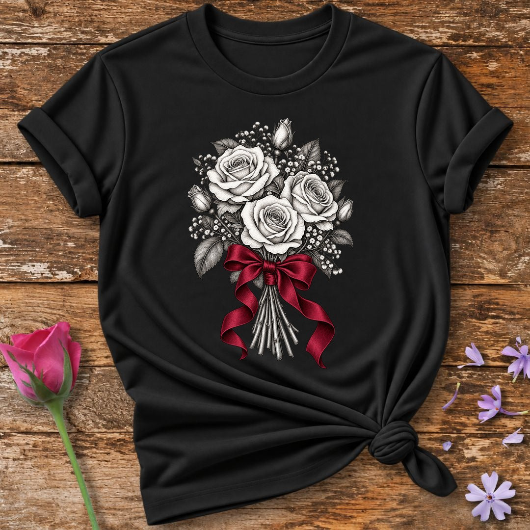 Rose Bouquet with Red Ribbon — Monochrome Botanical T-Shirt for Women in Black