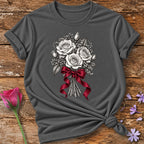Rose Bouquet with Red Ribbon — Monochrome Botanical T-Shirt for Women in Charcoal
