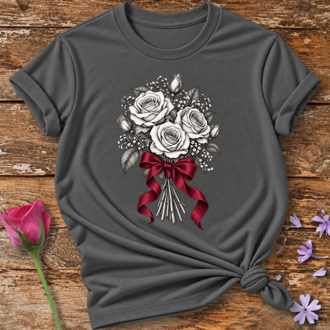 Rose Bouquet with Red Ribbon — Monochrome Botanical T-Shirt for Women in Charcoal