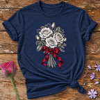 Rose Bouquet with Red Ribbon — Monochrome Botanical T-Shirt for Women in Navy