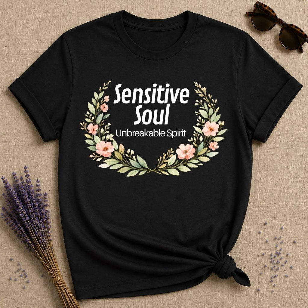 Sensitive Soul Unbreakable Spirit — Watercolor Botanical T-Shirt for Women in Black