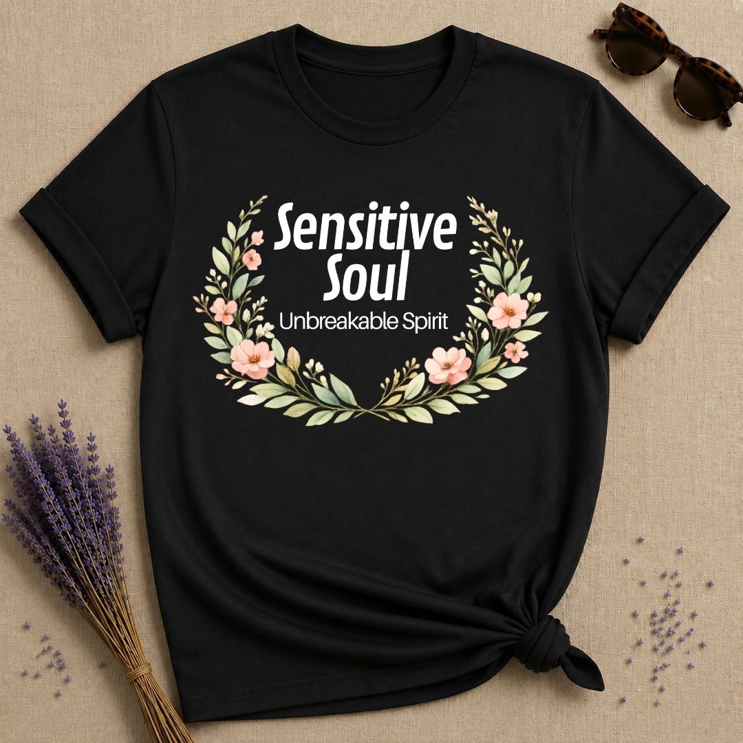 Sensitive Soul Unbreakable Spirit — Watercolor Botanical T-Shirt for Women in Black