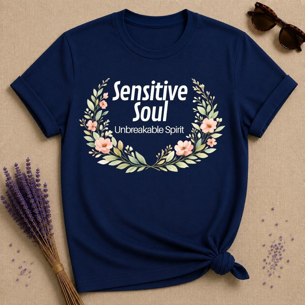 Sensitive Soul Unbreakable Spirit — Watercolor Botanical T-Shirt for Women in Navy