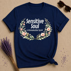 Sensitive Soul Unbreakable Spirit — Watercolor Botanical T-Shirt for Women in Navy