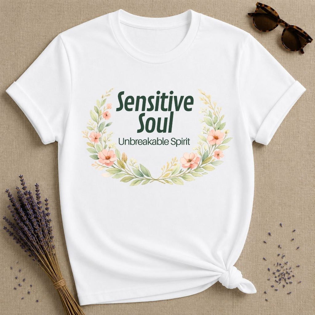 Sensitive Soul Unbreakable Spirit — Watercolor Botanical T-Shirt for Women in White