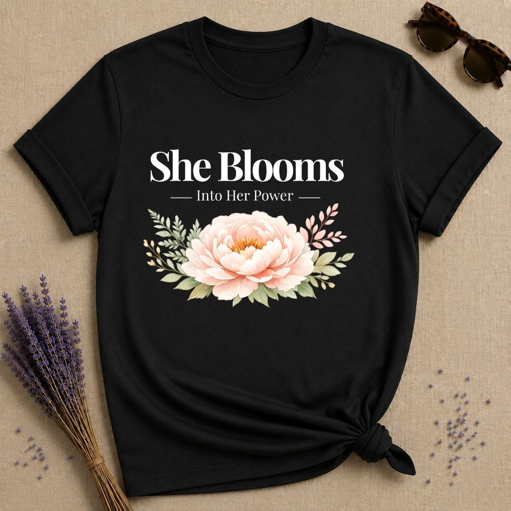 She Blooms Into Her Power — Watercolor Peony Botanical T-Shirt for Women in Black