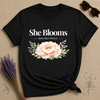 She Blooms Into Her Power — Watercolor Peony Botanical T-Shirt for Women in Black