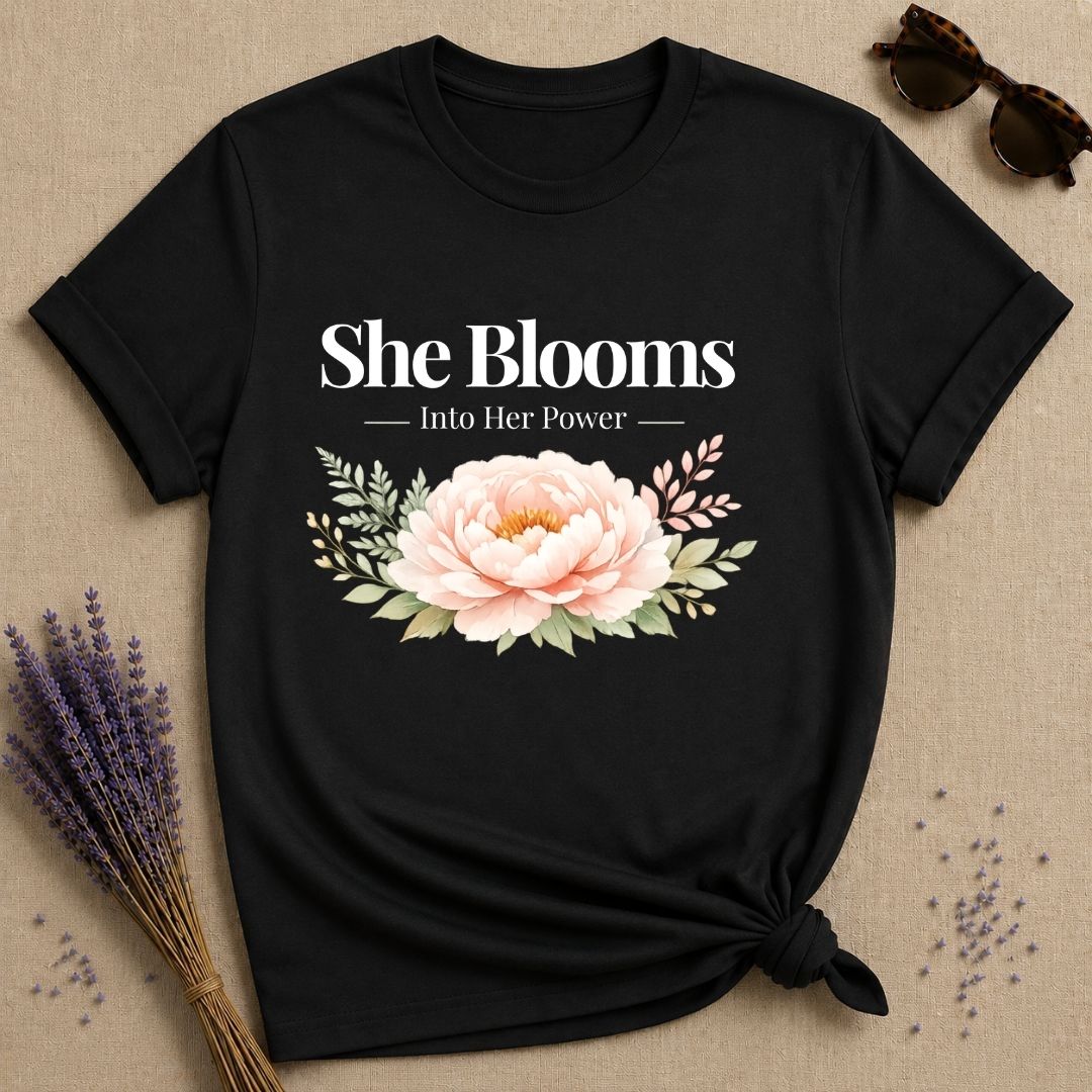 She Blooms Into Her Power — Watercolor Peony Botanical T-Shirt for Women in Black