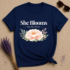 She Blooms Into Her Power — Watercolor Peony Botanical T-Shirt for Women in Navy
