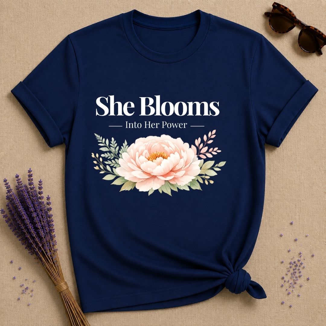 She Blooms Into Her Power — Watercolor Peony Botanical T-Shirt for Women in Navy