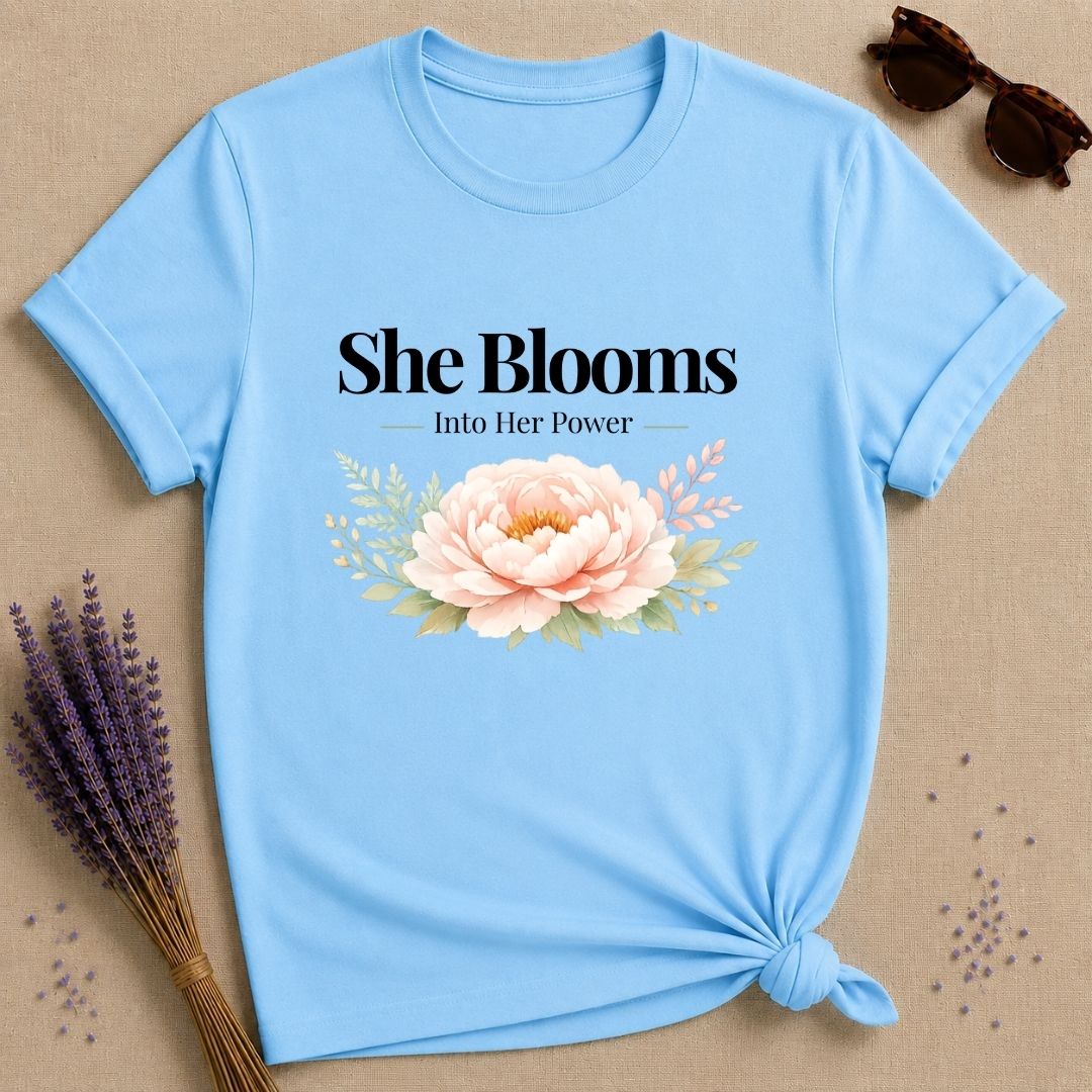 She Blooms Into Her Power — Watercolor Peony Botanical T-Shirt for Women in Sky