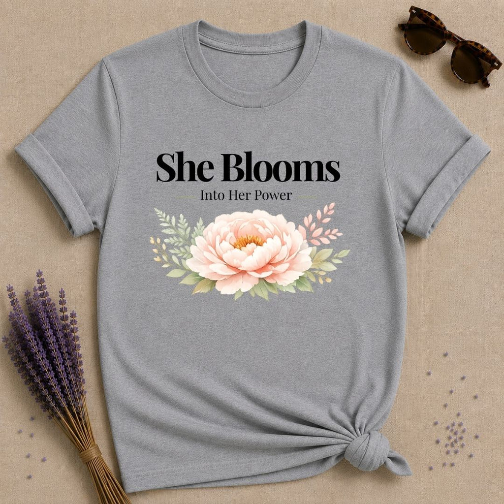 She Blooms Into Her Power — Watercolor Peony Botanical T-Shirt for Women in Sport Grey