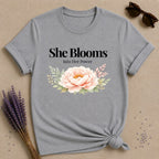 She Blooms Into Her Power — Watercolor Peony Botanical T-Shirt for Women in Sport Grey