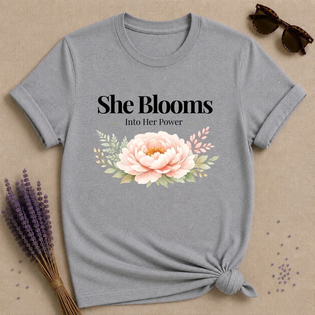 She Blooms Into Her Power — Watercolor Peony Botanical T-Shirt for Women in Sport Grey