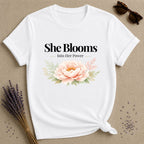 She Blooms Into Her Power — Watercolor Peony Botanical T-Shirt for Women in White
