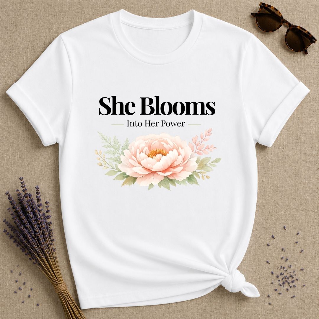 She Blooms Into Her Power — Watercolor Peony Botanical T-Shirt for Women in White