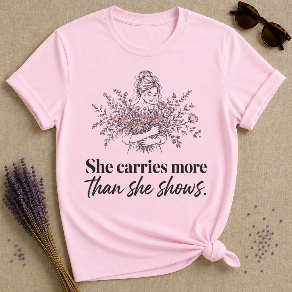 She Carries More Than She Shows empowerment tee for women