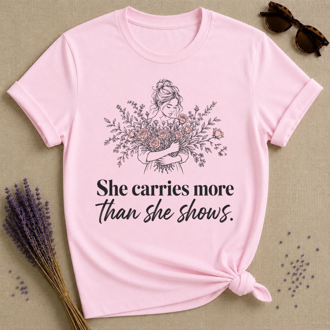 She Carries More Than She Shows empowerment tee for women
