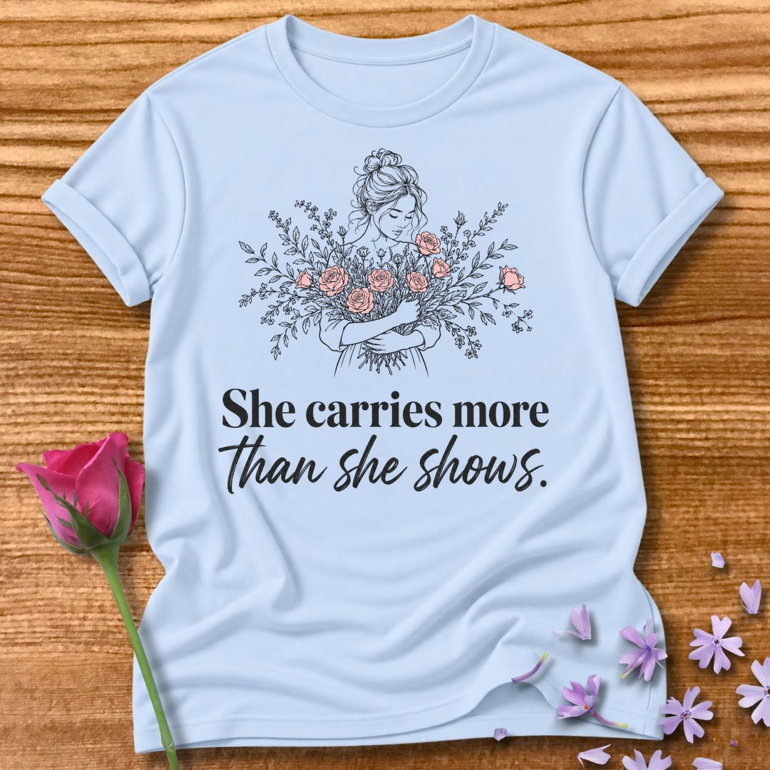 She Carries More Than She Shows — Floral Woman in Light Blue